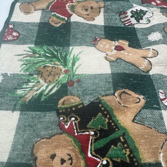 Christmas Teddy Bears Pine Mittens Checkerboard Fabric Napkin 16x16 Set of 4 - Picture 6 of 6